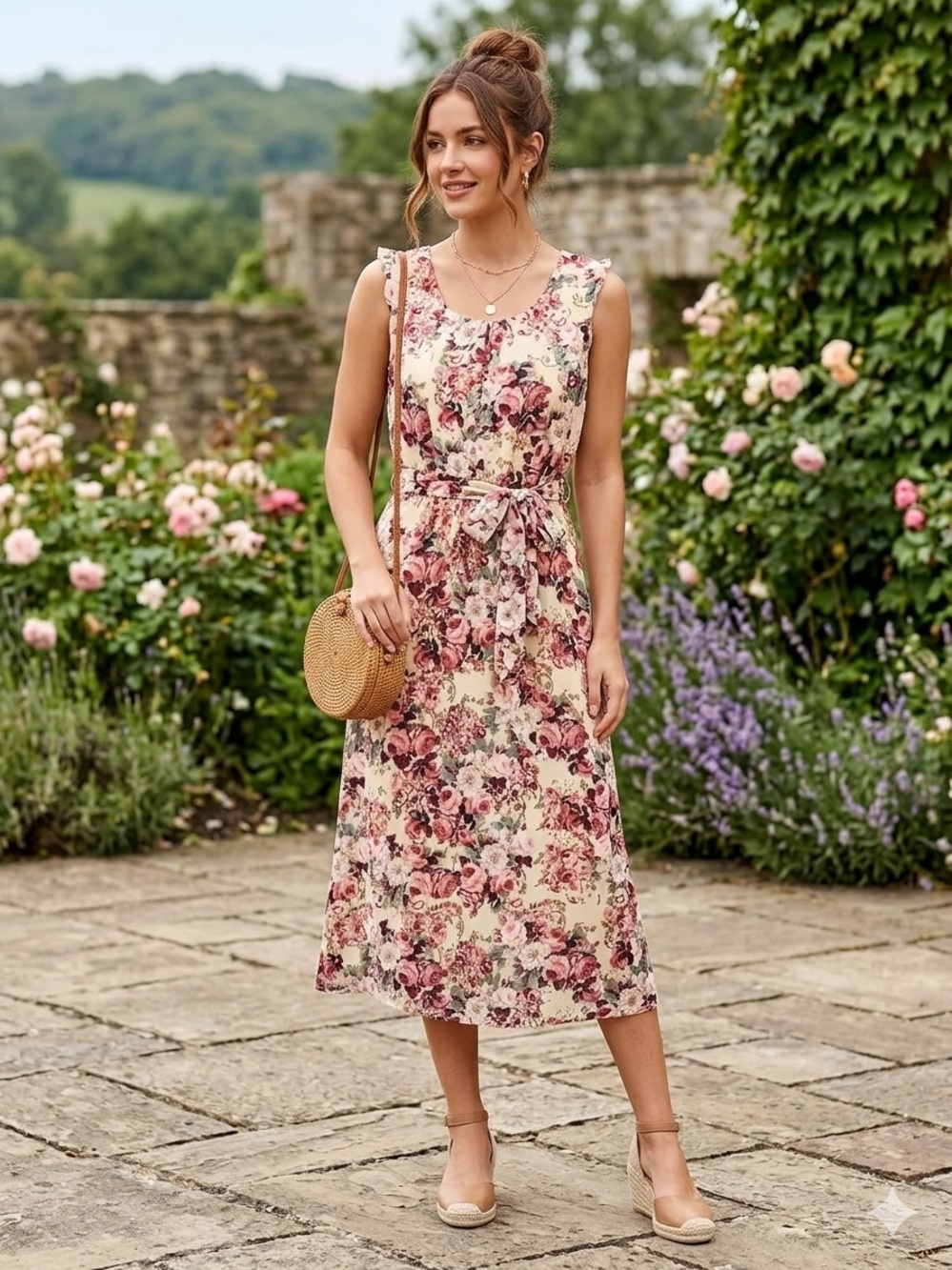 Jody California Floral Sleeveless Midi Dress in Cream and Pink made in USA